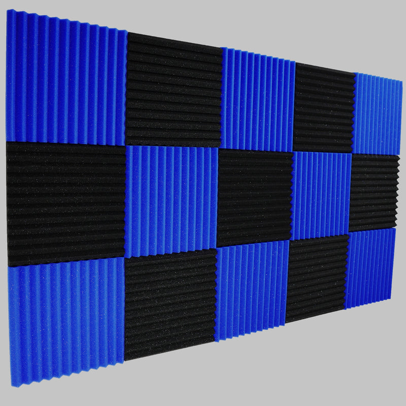 48 paquetes de tableros autoadhesivos absorbentes de sonido (24 negros + 24 azules), adecuados para salas de grabación, habitaciones de instrumentos, KTVs, etc., absorben rápidamente mezclas y ruidos, densidad: 25 kg/m³