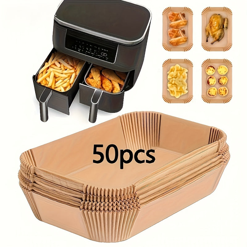 MUQOMU, fundas rectangulares antiadherentes para freidor de aire, compatibles con freidor de aire Ninja Dual Basket, platos de papel beige para freír de manera más saludable, 50 unidades.