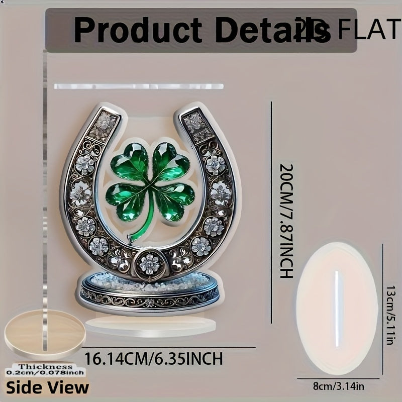 Adorno de Herradura y Trébol de Cuatro Hojas en Estilo Acrílico Cristal Plano 2D, Impresión Plana 2D, Decoración para Mesa, Decoración Hogareña Multipropósito, Sin Pilas, Ideal para San Valentín y Regalos Festivos (19.99/16.13 cm)
