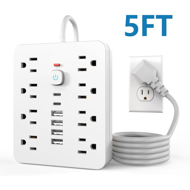 Regleta de 14 en 1, 8 tomacorrientes, 4 puertos USB, 2 puertos USB-C, cable de extensión de 152.4/304.8 cm, enchufe plano, montaje en pared, protección contra sobrecargas, supresor de picos, ideal para carga en el hogar y oficina