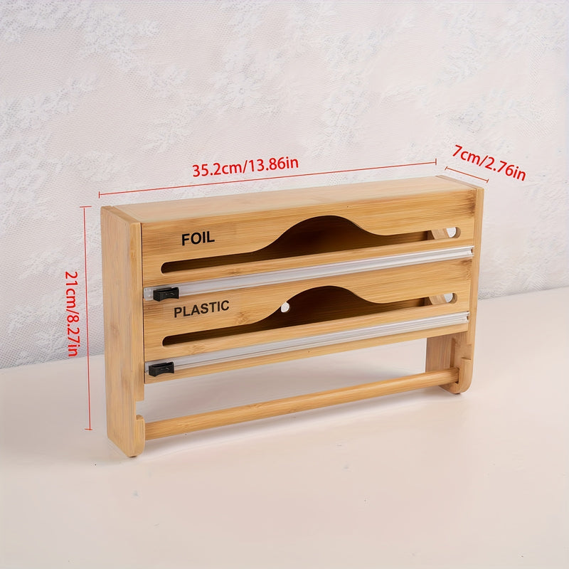 1pc Organizador de Pared de Bambú para Papel Aluminio, Bolsas y Envoltura - 3 en 1 con Cortador Integrado, Diseño Ahorrador de Espacio para Encimera o Despensa