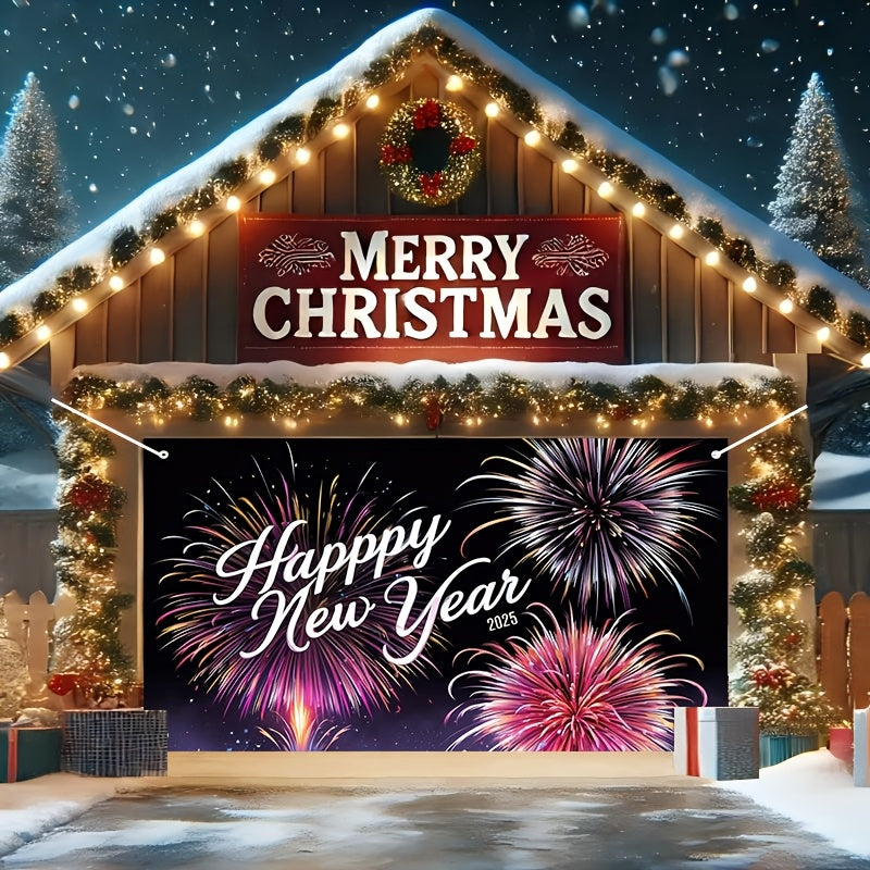 1pc de poliéster tejido de Año Nuevo pancarta de puerta de garaje, 400.0x180.01cm, diseño clásico de fuegos artificiales de dibujos animados, decoración para interior/exterior para Navidad, Halloween, Pascua, Acción de Gracias, Día de San Valentín - No s