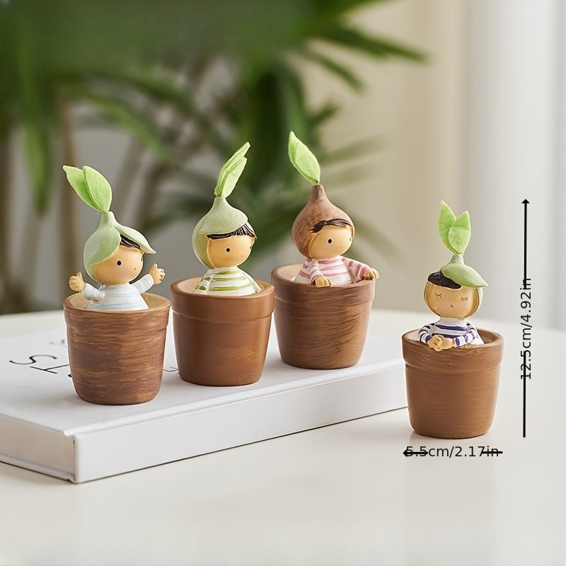 4 piezas de dibujos animados lindos de resina sentados en macetas de flores - Serie de bosque rústico, figuras decorativas para sala de estar, dormitorio, escritorio de oficina - Regalos pequeños ideales