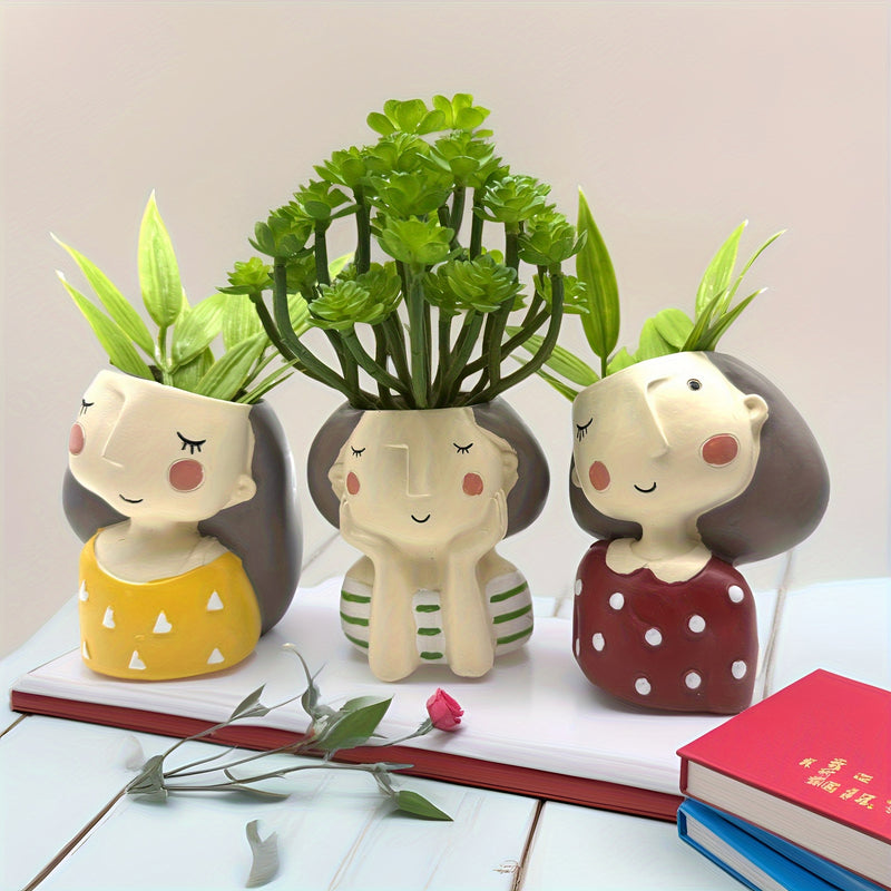 Maceta Pequeña con Forma de Hada, Macetas para Suculentas, 7.62 cm Maceta con Cara de Niña y Adornos de Drenaje en Resina para Plantas de Cactus, Regalo para Mujeres y Decoración de Jardín