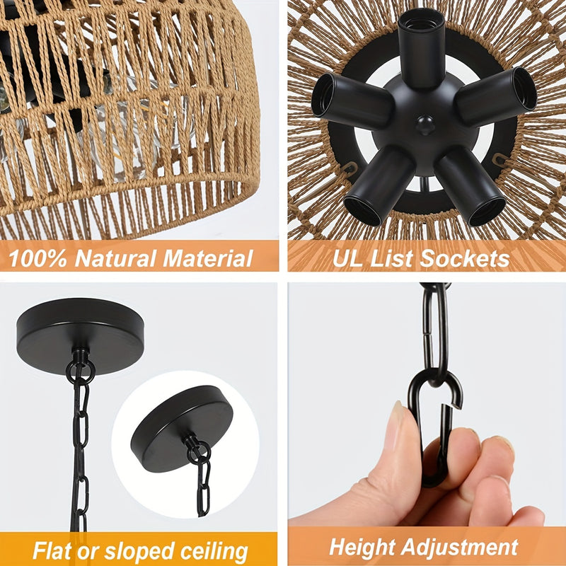 Lámpara de Techo Boho de Granja de 3 Luces con Pantalla de Ratán Tejido – Aplique de Lámpara Costera para Comedor, Cocina, Dormitorio, Pasillo de Isla – Base E26, Acabado Metálico, Lámparas de Techo para Comedor