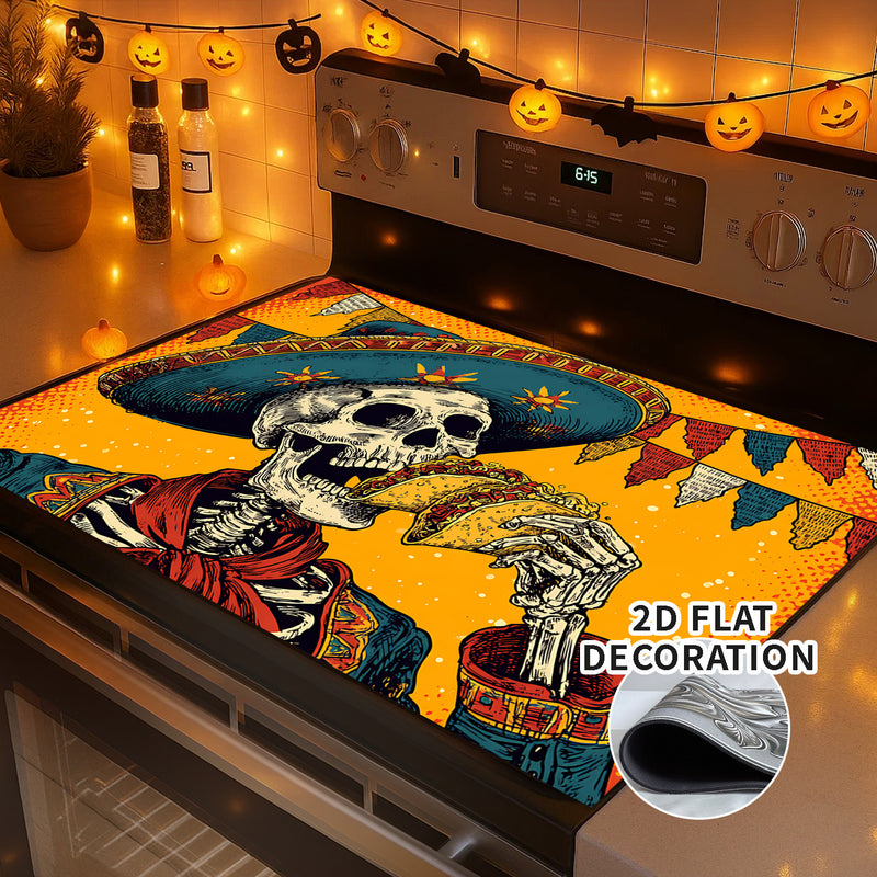 1pc Decoración de Estufa para Halloween - Esqueleto Mexicano, Revestimiento Antideslizante de Goma, Cubierta Plana Fácil de Instalar para Cocinas Eléctricas/Gas - Protector de Electrodomésticos y Decoración Festiva, Pieza Duradera en 2D