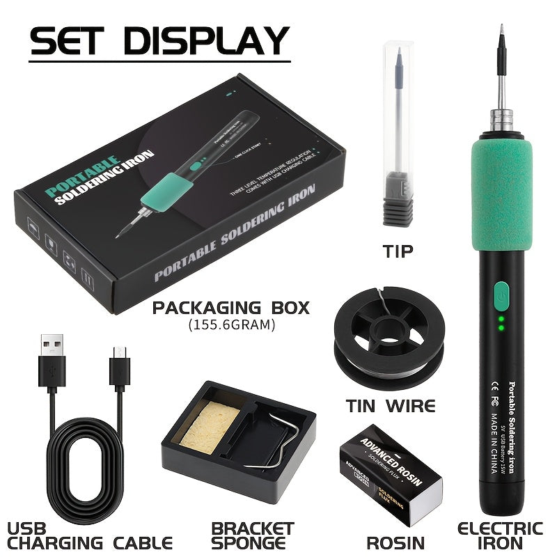 1pc Pluma de soldadura USB recargable, kit de herramienta de soldadura portátil de 15W con control de temperatura ajustable, agarre antideslizante, material de PVC, compatible con PCs e instrumentos eléctricos, batería de polímero de litio de 650mAh, no