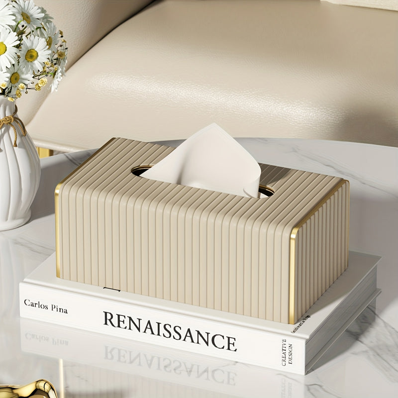Estuche Elegante para Pañuelos de Cuero Sintético Estilo Nórdico con Rayas Italianas - Diseño Rectangular en Blanco y Dorado para Sala, Comedor o Baño, Decoración de Pared