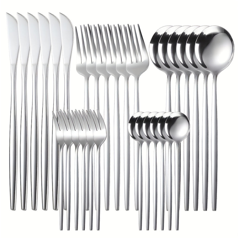 Juego de Cubiertos de Acero Inoxidable de 30 Piezas, Juego de Cuchillo Tenedor Cuchara, Juego de Vajilla, Incluye Juego de Cuchillo Tenedor Cuchara, Apto para Casa, Restaurante, Hotel, Fiesta, Boda, Lavavajillas