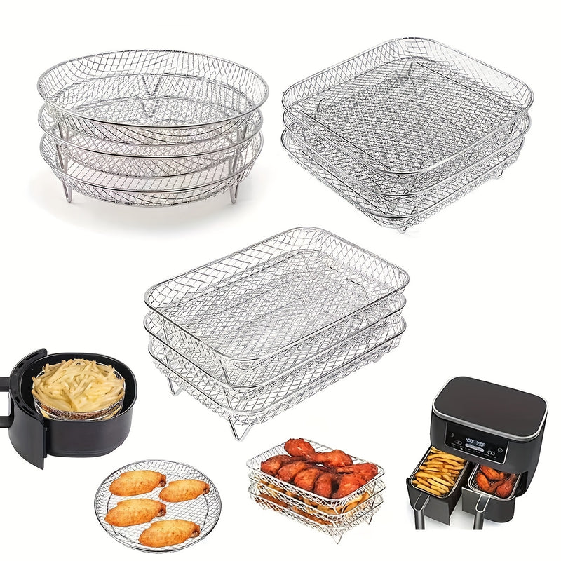 11 piezas de rejilla de freidora de aire de acero inoxidable 304 de capas múltiples, rejilla de deshidratador de acero inoxidable apilable, accesorios de freidora de aire, adecuados para asar y cocinar, juego de 3 piezas