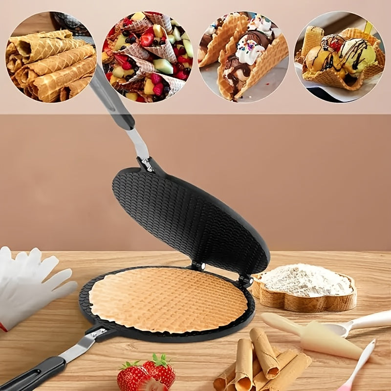 SHAON 1pc Sartén para Waffles de Mango Largo Antiadherente - Resistente a Arañazos y Óxido, Ideal para Cones de Helado DIY, Gofres, Pasteles - Fácil de Limpiar, Adecuado para Cocinas Domésticas y Comerciales, Equipo de Cocina Moderno, Superficie Easyclea