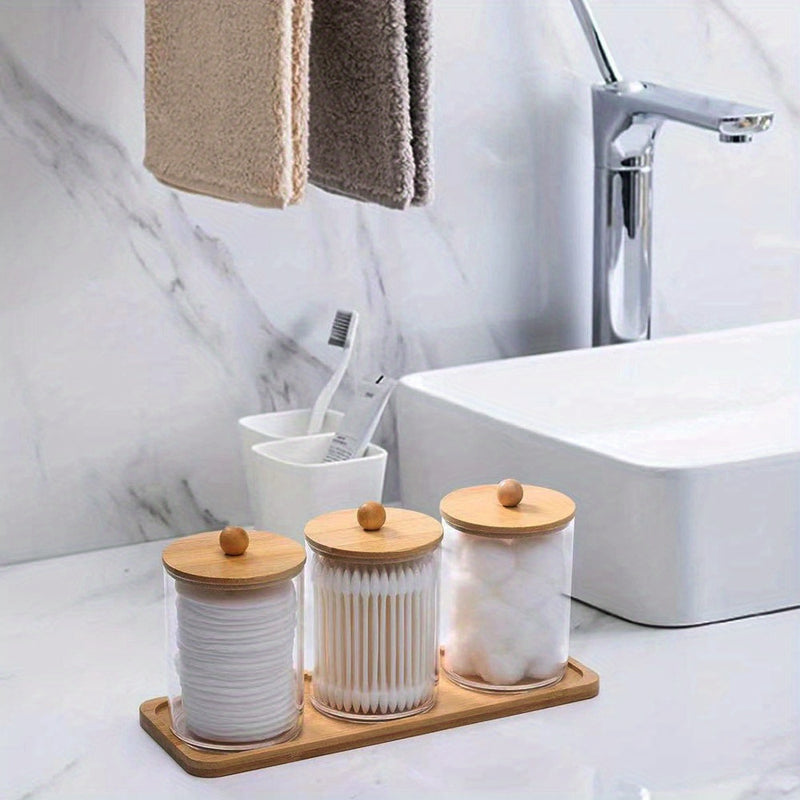 1 juego de frascos transparentes con tapas y bandejas de bambú, ideales para organizar y decorar baños. Farmacéuticos pueden usarlos para guardar hisopos, bolas, esterillas e hilo dental