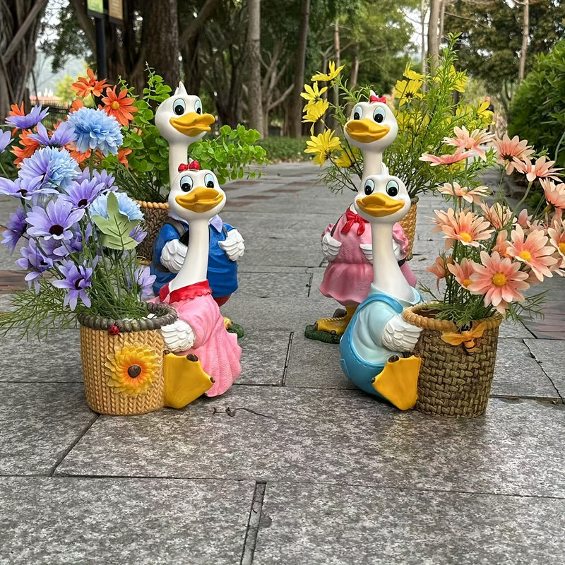 Maceta de Flores de Resina con Diseño de Pato de Dibujos Animados, Maceta Impermeable para Exteriores e Interiores, Decoración de Jardín y Balcón, Maceta Linda Adecuada para Suculentas con Agujeros de Drenaje, Regalo para Amantes de las Plantas