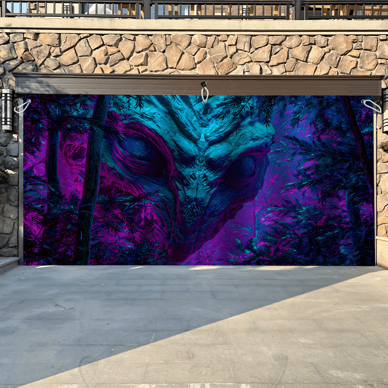 1 pieza de letrero de puerta de garaje de criatura alienígena mística - Gran decoración de arte de pared al aire libre con diseño vibrante de púrpura y azul, perfecto para fondos de fiestas de Halloween, decoración de jardín y celebraciones de fantasía,