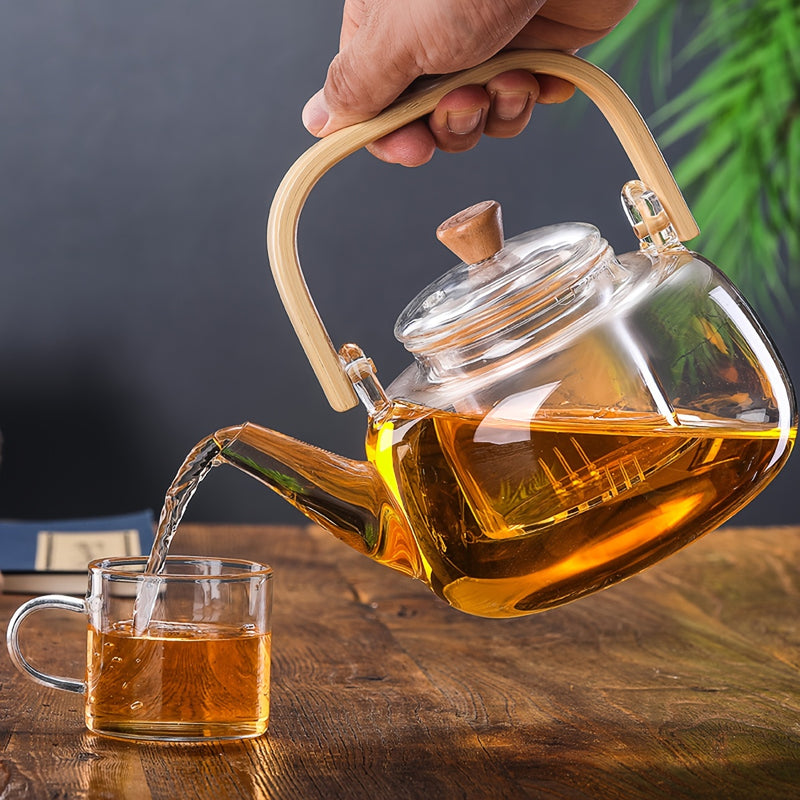 1pc Tetera de Vidrio Borosilicato Transparente de 1000ml con Infusor Extraíble - Apta para Cocina, Ideal para Té de Hojas y Té en Flor, Perfecta para Uso Doméstico o de Cocina, Diseño Transparente con Mango de Madera, Ideal para Regalos de Vacaciones, In