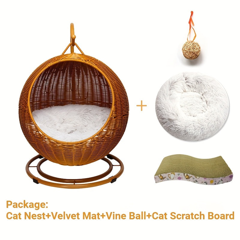 Cesto de hamaca para gatos tejido de rattan moderno - Hamaca redonda cómoda para gatitos, uso interior/exterior, ligero y decorativo con ganchos de metal, cesto de ropa, se adapta a gatos de hasta 2,72 kg.