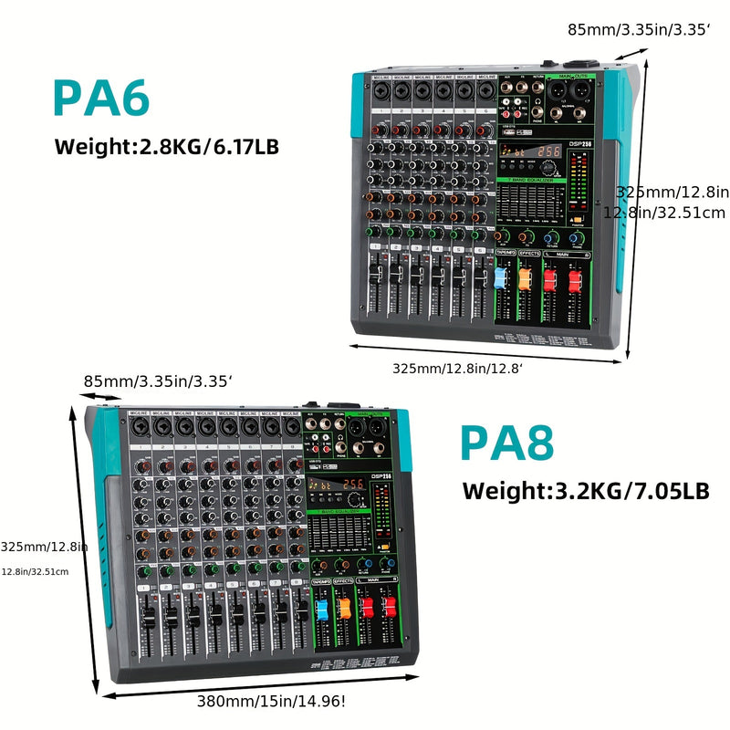 Mixer de audio profesional DEPUSHENG 6/8 canales - Aleación, operado por fuente de alimentación, 110V-130V, enchufe estadounidense, consola de mezcla con MP3, función inalámbrica, grabación USB - Serie PA6/PA8