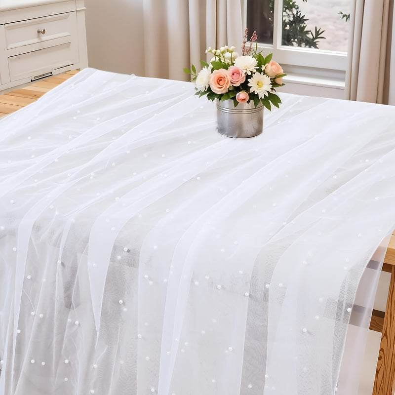 Corredor de tul de perla blanca, tul de satén de tul y encaje de perla transparente para arcos de boda, duchas de novia y decoraciones de mesa de postres, adecuado para cubrir mesas.