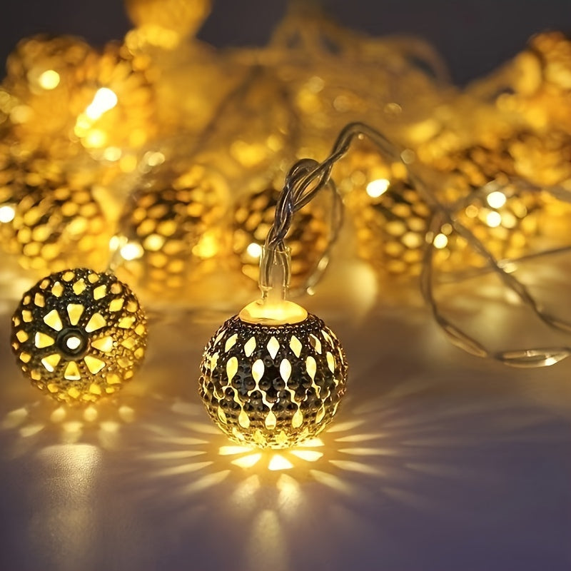 1pc Luces de Cadena con Bolas de Hierro de Inspiración Marroquí - Amarillo, Fijación No Removible, Funcionan con Pilas (Pilas No Incluidas), 36V o Menos, Material de Hierro con Fuente de Luz Incorporada, para Fondo Festivo y Decoración Fotográfica, Ilumi