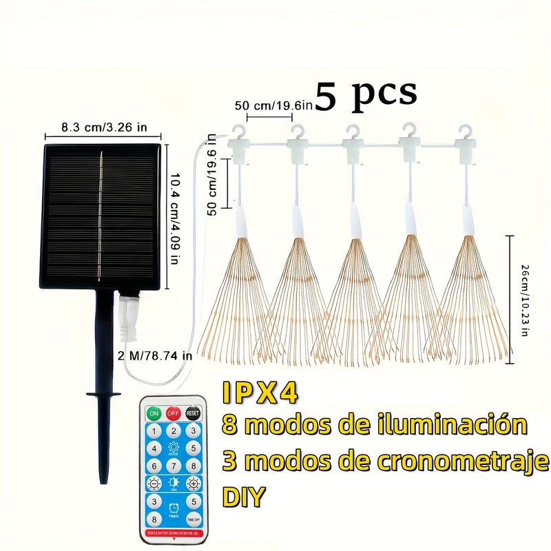 5 piezas de luces de bola de estrella solar de 480 LED, control remoto con temporizador, 8 modos de luces de hadas ajustables, luces de fuegos artificiales de cable de cobre, para fiesta de patio, tienda de Navidad, batería de níquel puro de cobre IPX4