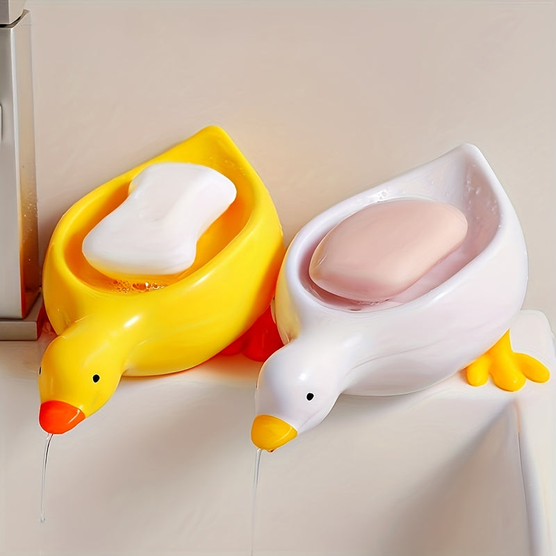 Juego de 1 portajabón con forma de pato y sistema de drenaje automático, bandeja ovalada, blanco con detalles amarillos, accesorio multifuncional para baño, mantiene el jabón seco y limpio, soporte para jabón en barra