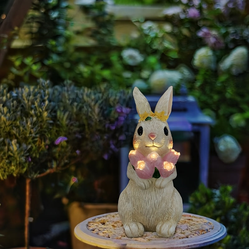 Linterna solar exterior IP65 de resina con conejo sosteniendo tulipán, luz ambiental LED para jardín, patio, terraza, escalones y villa - Decoración navideña para San Valentín, Acción de Gracias, Pascua, Halloween y Navidad