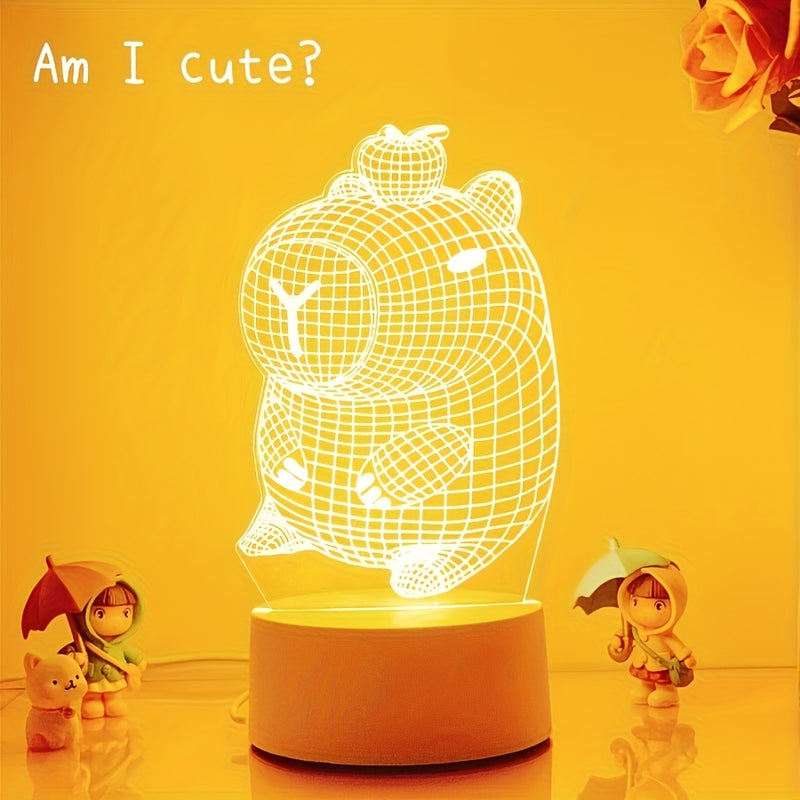 Luz nocturna 3D de capibara encantadora, linda lámpara decorativa para habitaciones, luz nocturna de protección ocular, regalo ideal, luz cálida monocromática - alimentada por USB, no requiere pilas.