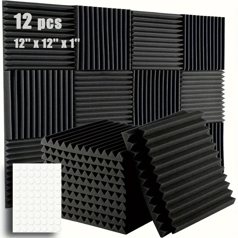 12 piezas de esponja absorbente de sonido con adhesivo, 30.48 cm x 30.48 cm x 2.54 cm, alta densidad ignífuga para estudio de grabación aislamiento acústico corrugado