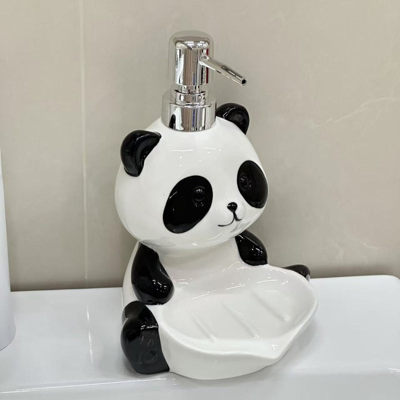 Porta jabón y dispensador de loción 2 en 1 con diseño de panda, multifuncional para baño, cocina o dormitorio, independiente, sin necesidad de electricidad, ideal para jabón, champú, gel de baño, detergente y accesorios de baño