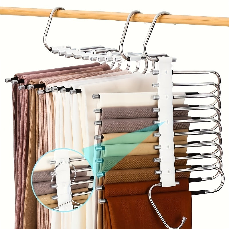 1 perchero de metal de 9 niveles con revestimiento antideslizante, diseño en acero inoxidable, incluye 5 ganchos, reduce el desorden hasta un 80%, ideal para jeans ajustados y vaqueros