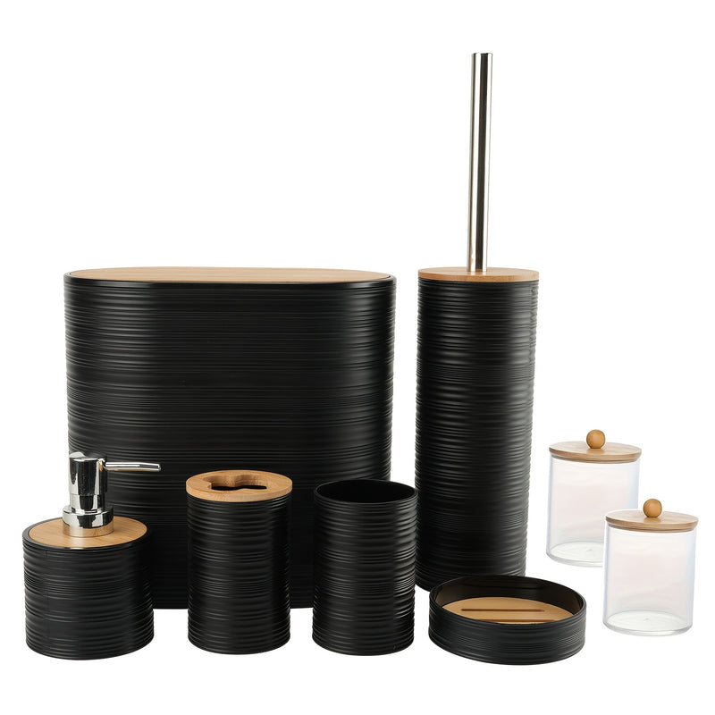 Juego de accesorios para baño de bambú, 8 piezas, con dispensador de jabón, portacepillos, vaso para cepillo de dientes, jabonera y frasco para hisopos, ideal para baño, sala, cocina o como regalo de casa nueva para familia y amigos