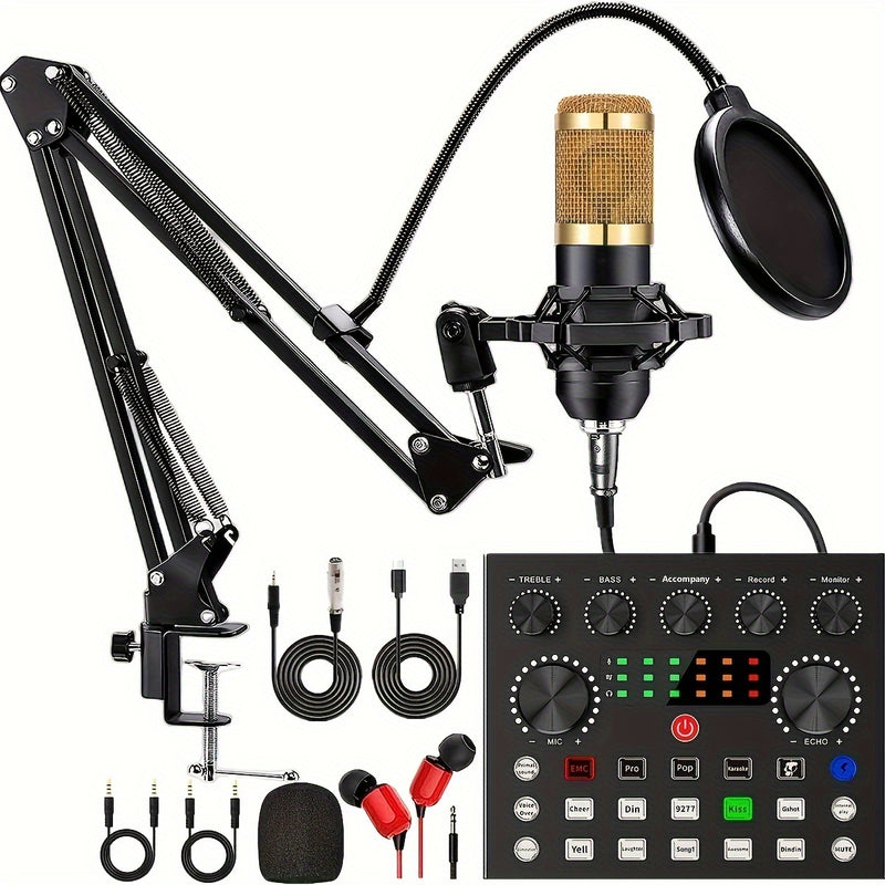 Kit de Podcasting BM800 con Tarjeta de Sonido V8 y Cambiador de Voz - Alimentado por USB/Batería, Conector de Audio de 3.5mm - Ideal para Grabación, Canto, Streaming y Juegos