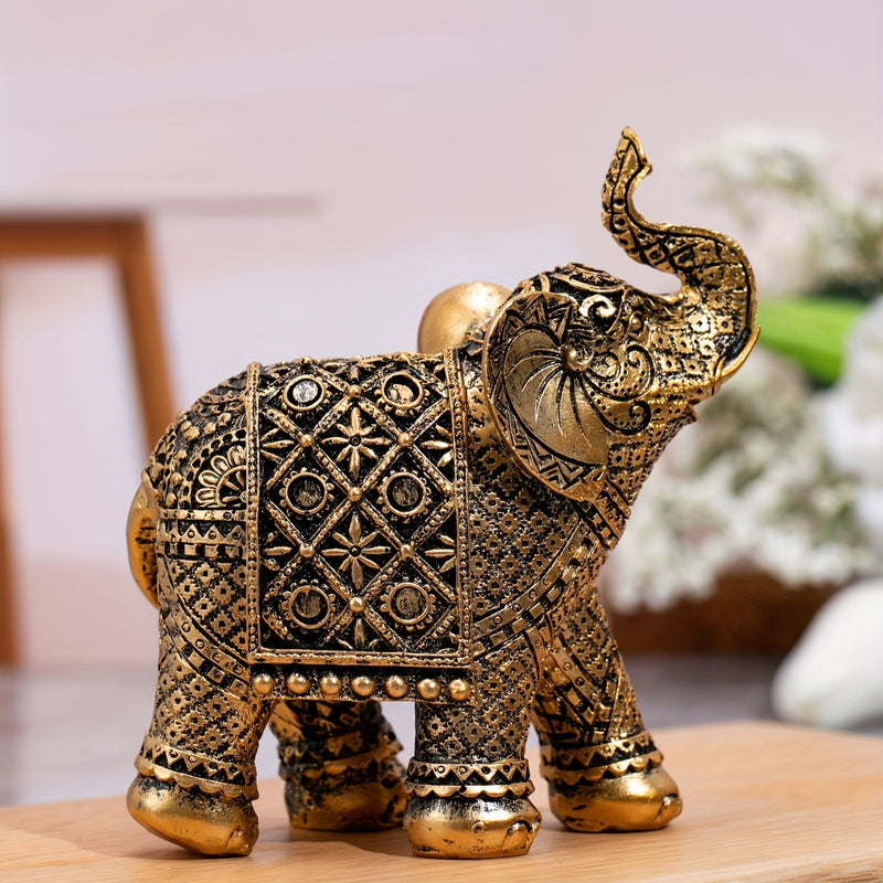 Figura de Elefante Dorado de la Suerte - Decoración de Resina Intrincada para Atraer Riqueza con Patrones Detallados para el Hogar y la Oficina, Ideal para Exhibición en la Sala de Estar, Decoración de Elefante