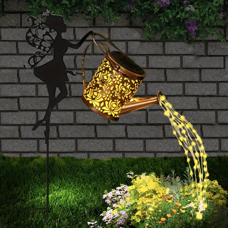 Aspersor de hadas con energía solar con luces apiladas, decoración de jardín impermeable, batería de níquel de 600mAh, tetera solar de metal, luz de cascada para decoración festiva al aire libre, iluminación al aire libre | Característica de jardín de ha