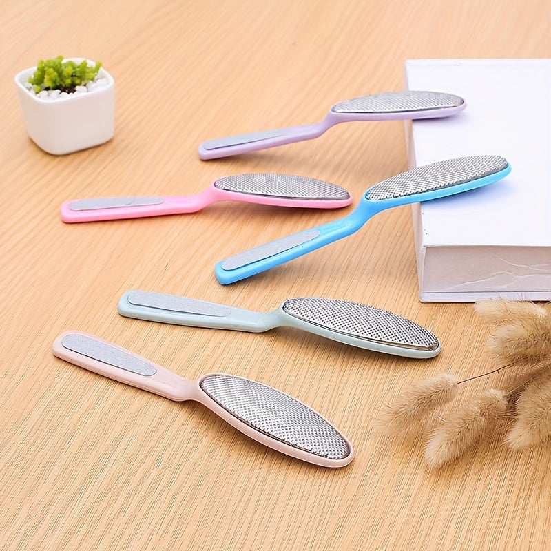 1pieza Tablero de frotamiento de pies de acero inoxidable de doble cabeza - Herramienta de eliminación de piel muerta manual de color beige claro sin necesidad de electricidad para pelar y cuidado de pies, diseño portátil para uso en casa, herramienta de