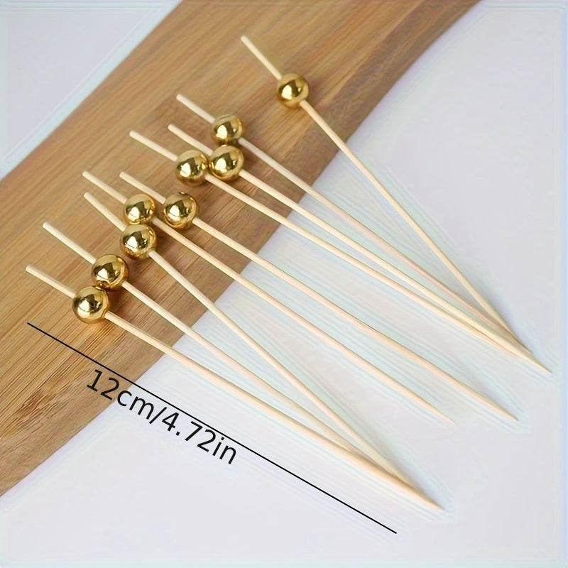 50 Piezas de Palillos de Bambú con Perlas Doradas - Brochetas Elegantes para Frutas, Pasteles y Aperitivos - Ideales para Decoraciones de Cumpleaños, Graduacións e Fiestas Festivas