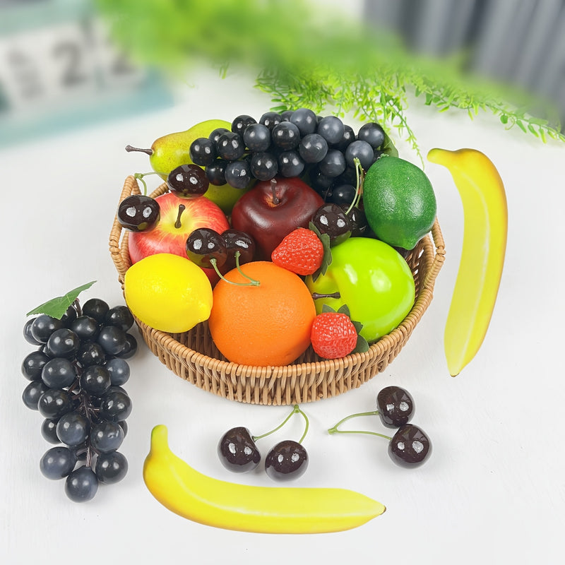 Conjunto de 20 Piezas de Frutas Realistas - Fresas, Manzanas, Peras, Limones, Naranjas, Uvas, Cerezas, Mangos y Plátanos Artificiales para Decoración del Hogar, Fiestas y Exhibición Navideña, Accesorios de Fotografía, Decoración de Frutas para Fiestas