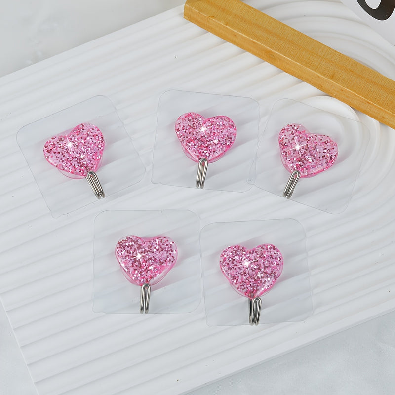 5 Piezas, Ganchos Adhesivos Con Diseño De Corazón Con Lentejuelas Brillantes, Sin Necesidad De Taladrar, Acero Inoxidable, Perchas De Pared De Gran Capacidad De Carga, Decoración Contemporánea Para Baño, Dormitorio, Entrada