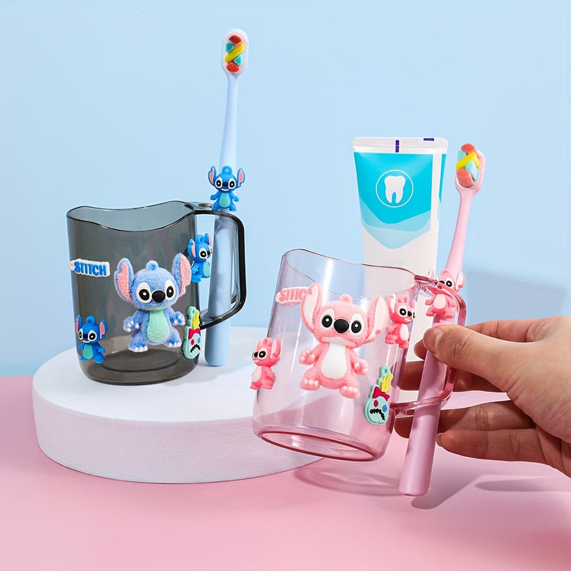 2 piezas de cepillos de dientes y vasos enjuagadores de plástico con temática de Stitch y Angel, duraderos y fáciles de limpiar, ideales para familias y residencias estudiantiles, accesorios de baño | Diseño divertido | Construcción resistente