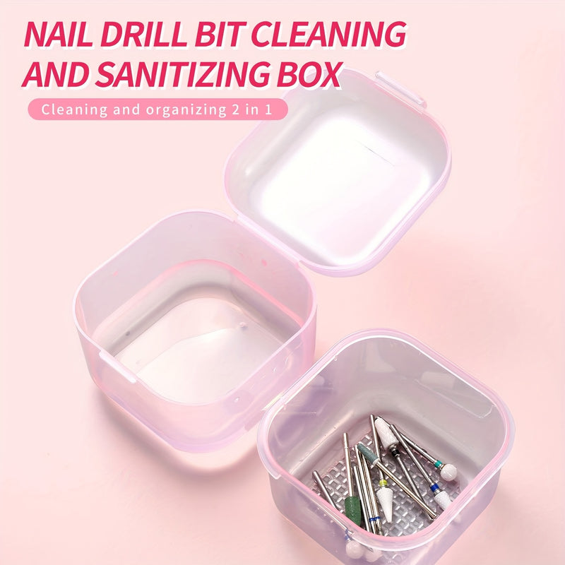 Caja esterilizadora de brocas de taladro de uñas - Luz blanca/púrpura/púrpura rosa/azul, contenedor de limpieza y drenaje de doble capa para cepillos y herramientas de esmalte de uñas, plástico, sin fragancia, no requiere batería, esenciales para el cuid