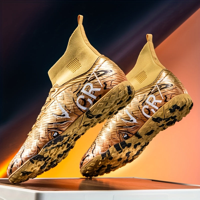 Zapatillas de fútbol de corte alto para jóvenes - Ligero, transpirable, suela de goma antideslizante, zapatos de entrenamiento cómodos con patrón azul y negro, perfectos para deportes al aire libre y práctica, uso todo el año, calzado de entrenamiento |