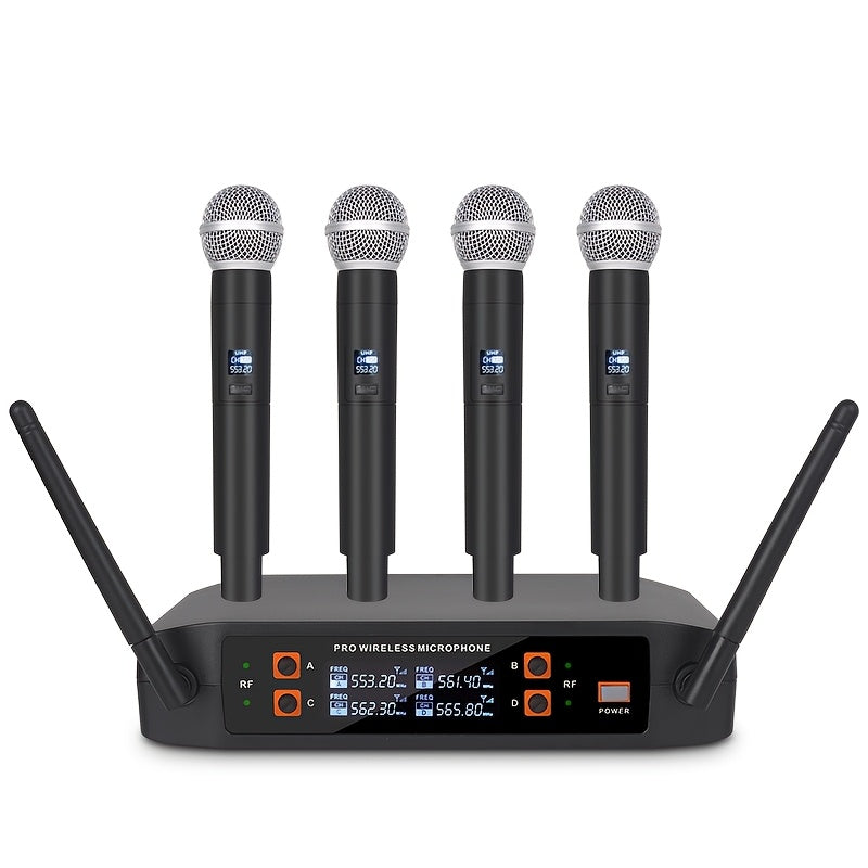 Sistema de micrófono inalámbrico NGUVMN, con cancelación de ruido (ANC), para karaoke, iglesia, DJ, frecuencia ajustable UHF, juego de 4 micrófonos portátiles, recepción de señal fuerte, alimentado por 110-130V AC, con enchufe de EE. UU., para cantar, gr