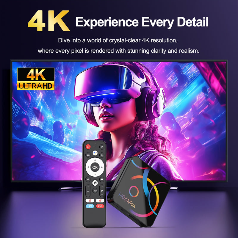 H96 MAX Android 14.0 Smart TV Box RK3518 4K@60fps WiFi 6 y BT 5.4 con voz HDR10, reproductor de medios con Chromecast, navegador, USB y Ethernet, enchufe de 110-220V, control remoto, dispositivo multimedia, dispositivo moderno, alta calidad de pantalla.