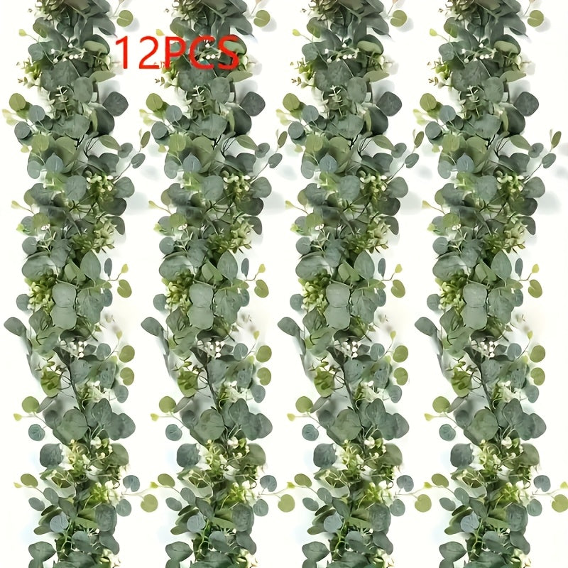 12 piezas de 182.88 cm Guirnalda Artificial de Eucalipto y Sauce con Flores Blancas - Hojas Verdes Elegantes, Ideal para Bodas, Compromisos, Decoración del Hogar y Eventos, Estilo Clásico Todo el Año, Temática Nupcial, Material Plástico, Enredaderas Natu