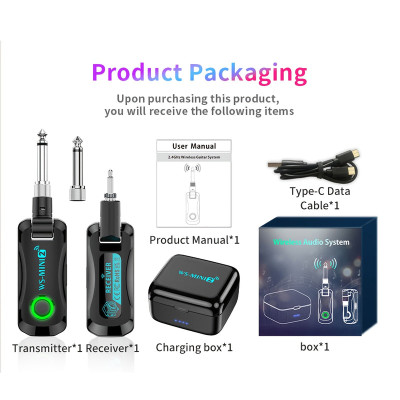 Sistema inalámbrico para guitarra con estuche de carga, transmisor y receptor inalámbrico recargable para guitarra y bajo de 2.4Ghz, equipo de grabación de estudio, estuche portátil, rendimiento confiable, transmisor para instrumentos, para presentacione