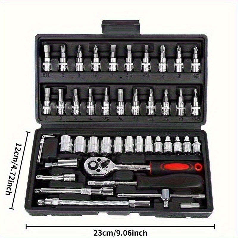Juego de herramientas de reparación automotriz profesional, con llave de ratchet, cabeza de enchufe y destornillador, adecuado para reparación de automóviles, bicicletas y motocicletas, y juego de herramientas de jardinería negra para el hogar con caja d
