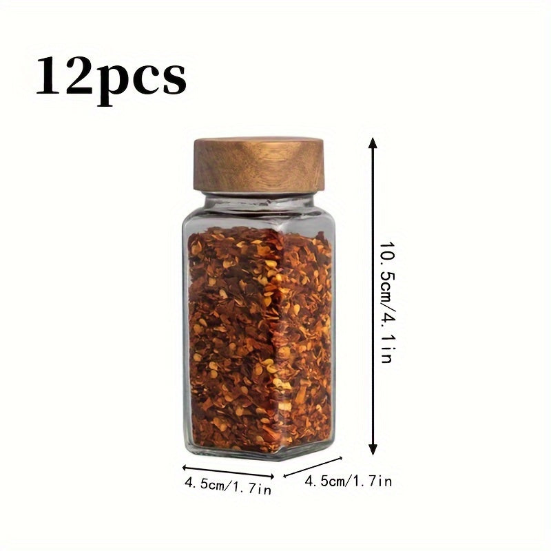Juego de 12/6 Tarros de Vidrio Cuadrados para Especias con Tapas de Madera, Contenedores de Vidrio Resistente a la Róstica con Tapas Roscadas, Botellas de Condimentos con Patrón para Organización de Cocina