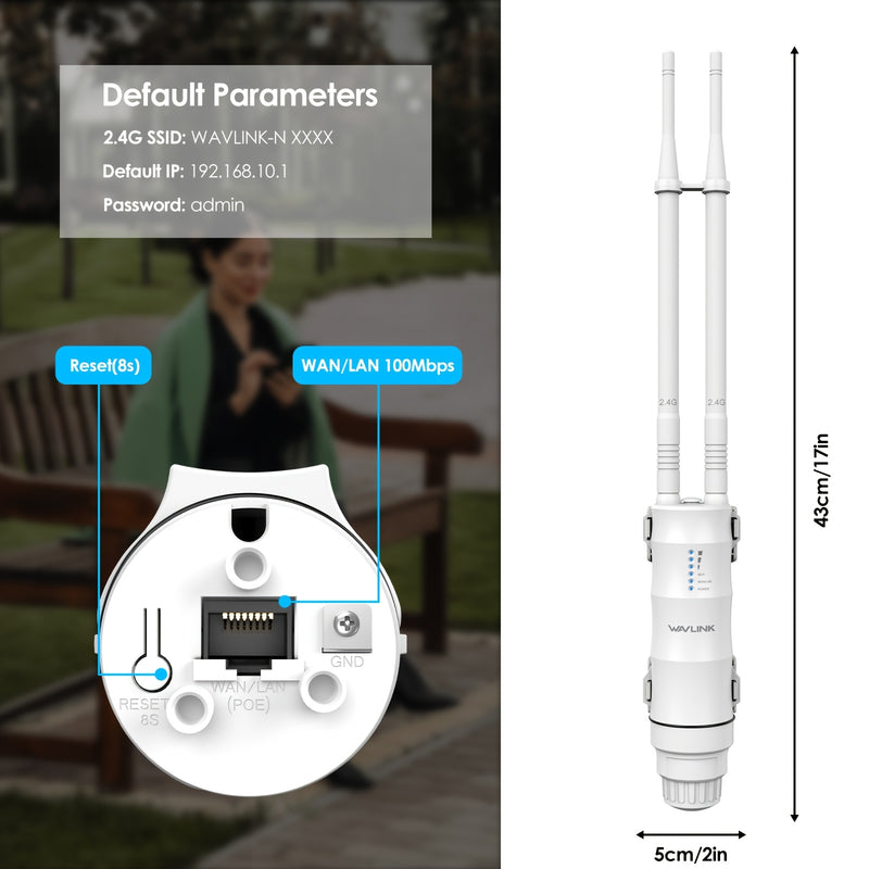 WAVLINK N300 Punto de Acceso Inalámbrico Exterior - Impermeable, Alimentado por PoE, Extensor WiFi de Largo Alcance con Puertos WAN/LAN, Antenas Direcionales 2x7dBi, Modos Versátiles de AP/Enrutador/Repetidor, Resistencia al Clima con Clasificación