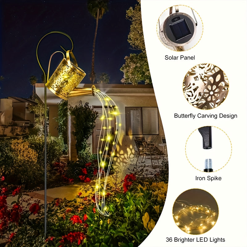 1 tanque de riego solar con luces, luces solares para jardín, decoración de jardín, faroles colgantes, lámparas solares de cascada de metal, ideal para patios, senderos, césped, terrazas, corredores, recibidor - regalo perfecto para Navidad