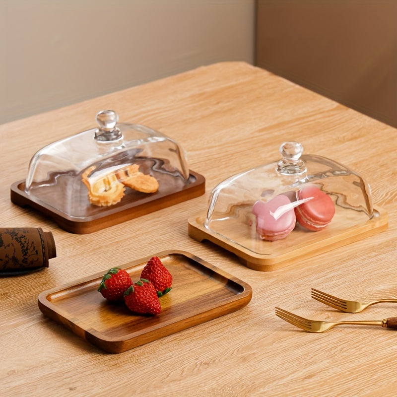 1 pieza, Caja de Queso de Madera con Tapa de Vidrio, Contenedor de Almacenamiento para Mantequilla y Queso, Plato de Postre, Soporte para Exhibición de Pasteles, Suministros de Cocina